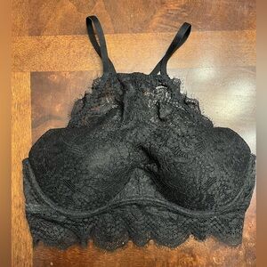 VS PINK Lace High-Neck Racerback Padded Push-Up Black Bralette Size Lg (A-C)